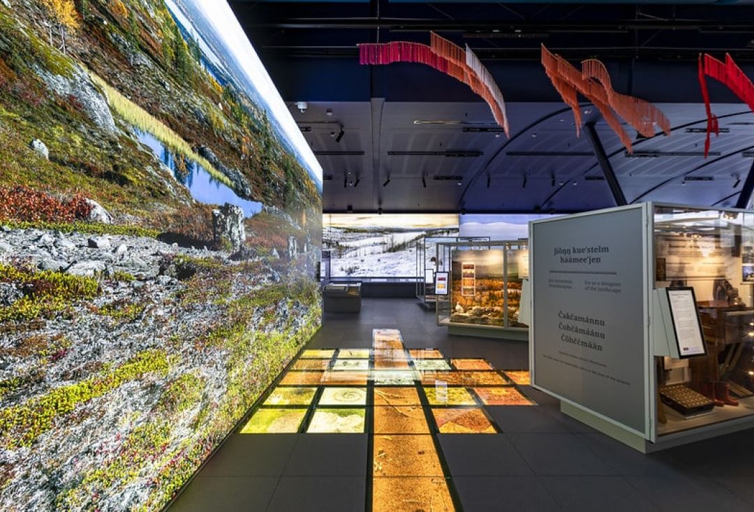 Museon sisätilat, vieressä iso seinä jossa suuri värikäs ruska-ajan kuva luonnosta.