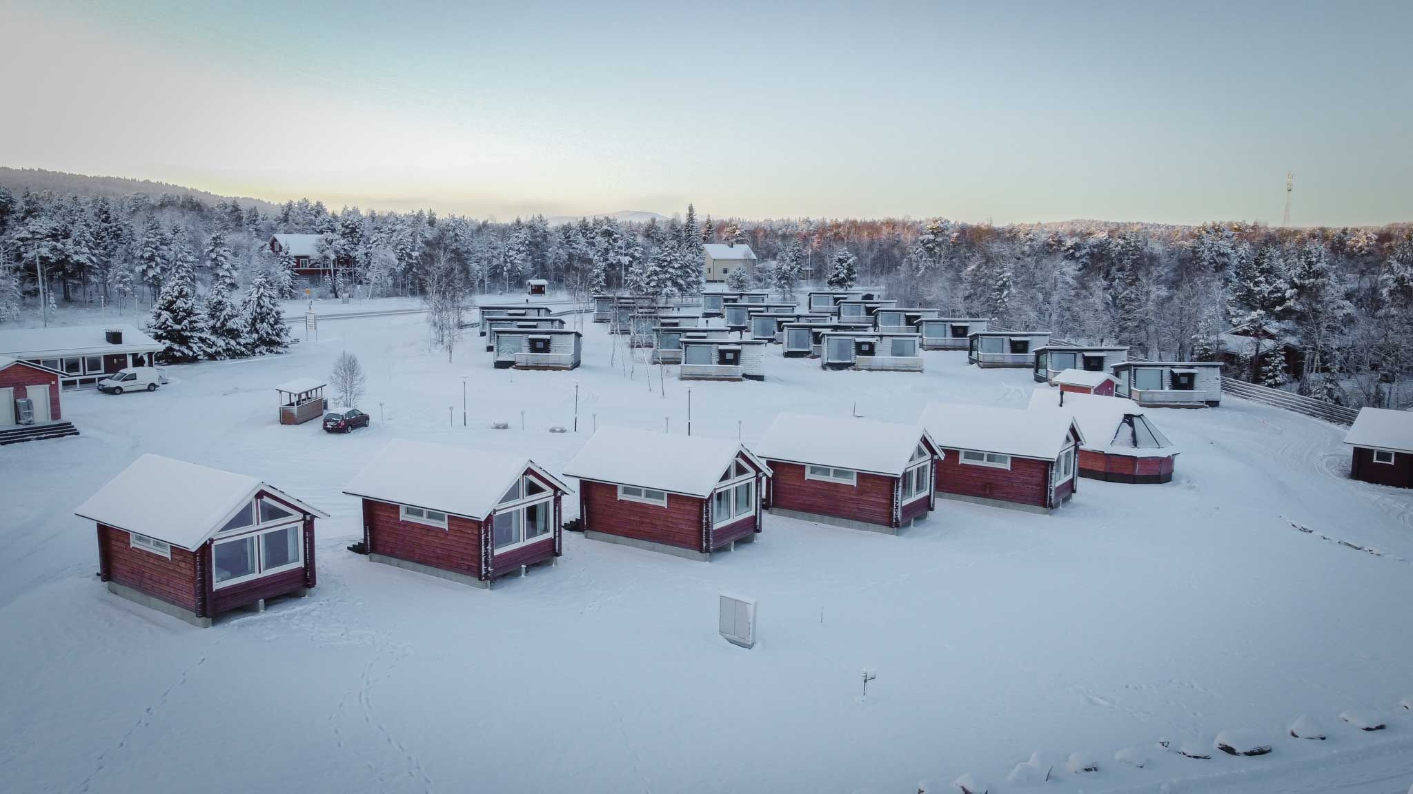 Aerial photo of Holiday Village Inari in Lapland Finland during winter.