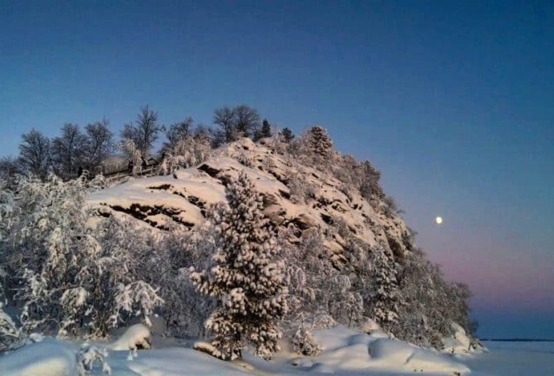 View of snowy Ukonsaari island.