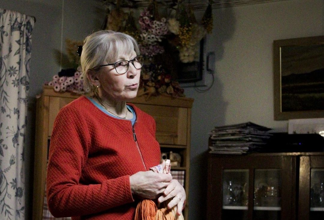Elderly woman with eyeglasses talking in a cozy room.