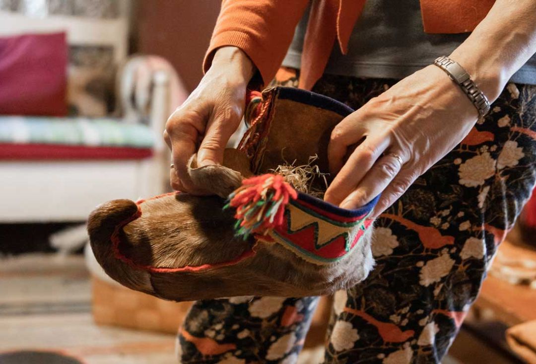 Sámi shoe made of reindeer skin and filled with hay.