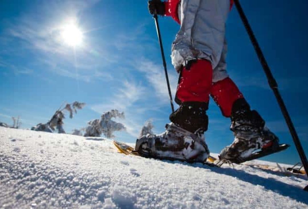 Lumikenkäilijä nousemassa mäkeä kirkkaassa auringonpaisteessa.